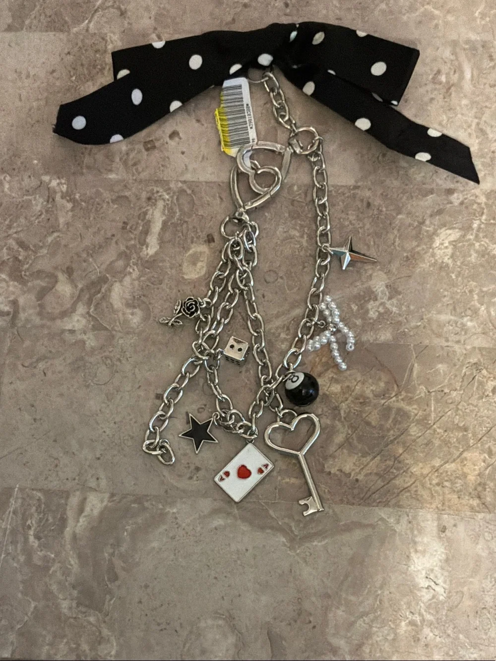 Purse Charm Keychain with Black Polka Dot Bow